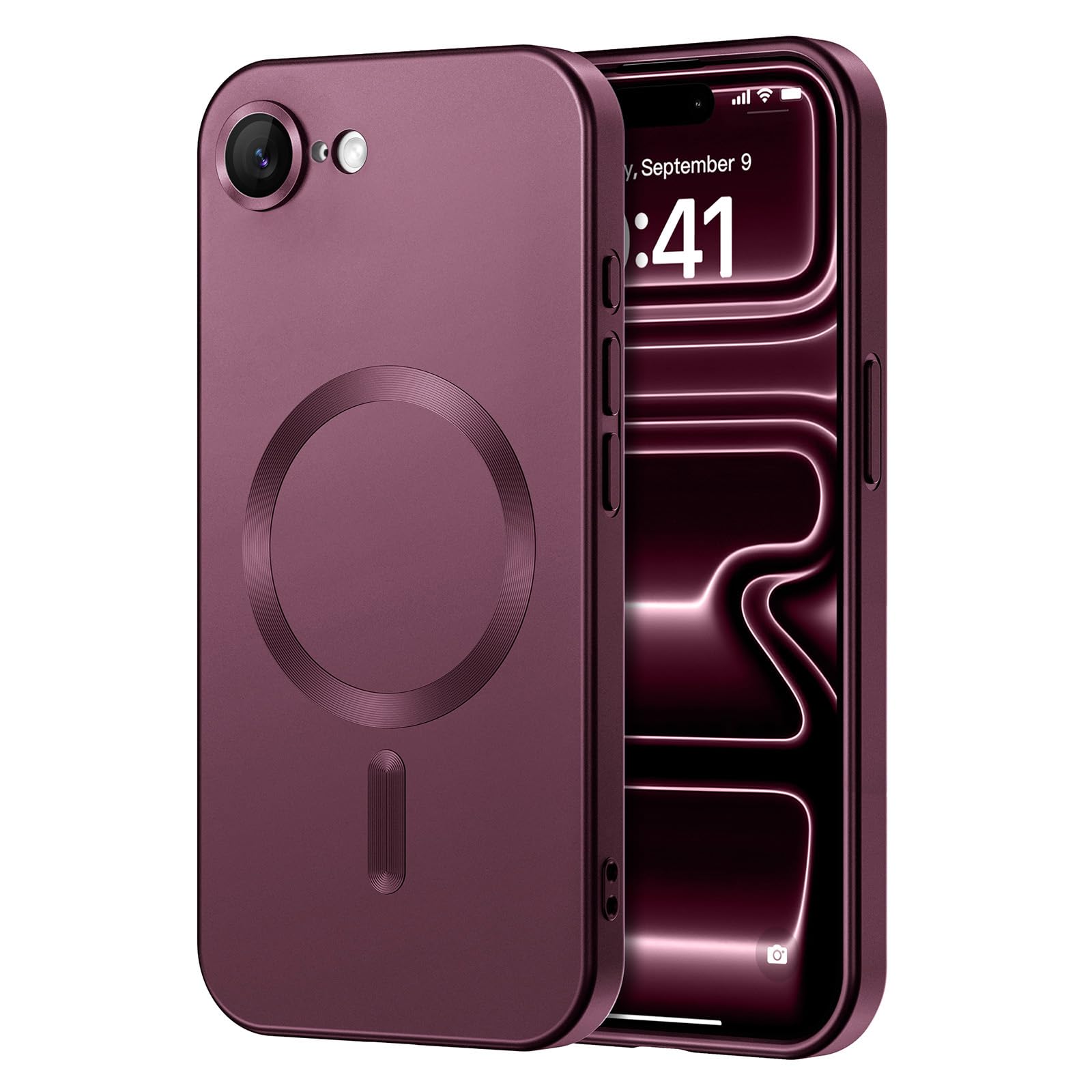 Amzfield Magnetic for iPhone 16e Case [Compatible with Magsafe] [Full Camera Protection] Cute Slim Shockproof Bumper Soft Silicone Matte Metallic Lustre Phone Case for Women Men Girls, Burgundy