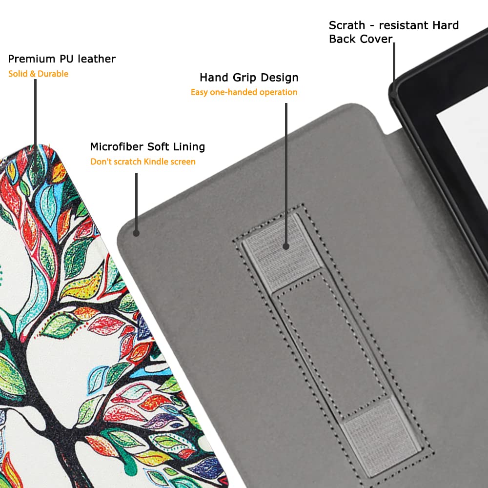 SCSVPN Case for Kindle Paperwhite - Slim Durable PU Leather Sleeve Cover with Hand Strap, Auto Sleep/Wake - Only fits 6.8'' Kindle Paperwhite 11th Generation & Signature Edition 2021 (Happy Tree)