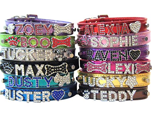 Bling Stuff For Fun TM - Metallic PU Leather Personalized Rhinestone Bling Dog Name Collar for Large, Medium, Small Dogs and Puppies (Black, M: Neck Size 11.2"-14")
