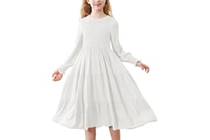 NARPLO Girls Dresses Casual Long Sleeve Dresses for Girls Fall Winter High Waist Smocked Flowy Tiered Midi Party Girls Dress
