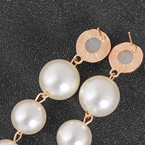 Women's Elegant Simulated Pearl 3 Tassel Chains Bridal Jewelry Long Dangle Eardrop Tassel Ear Stud Earrings (Gold)
