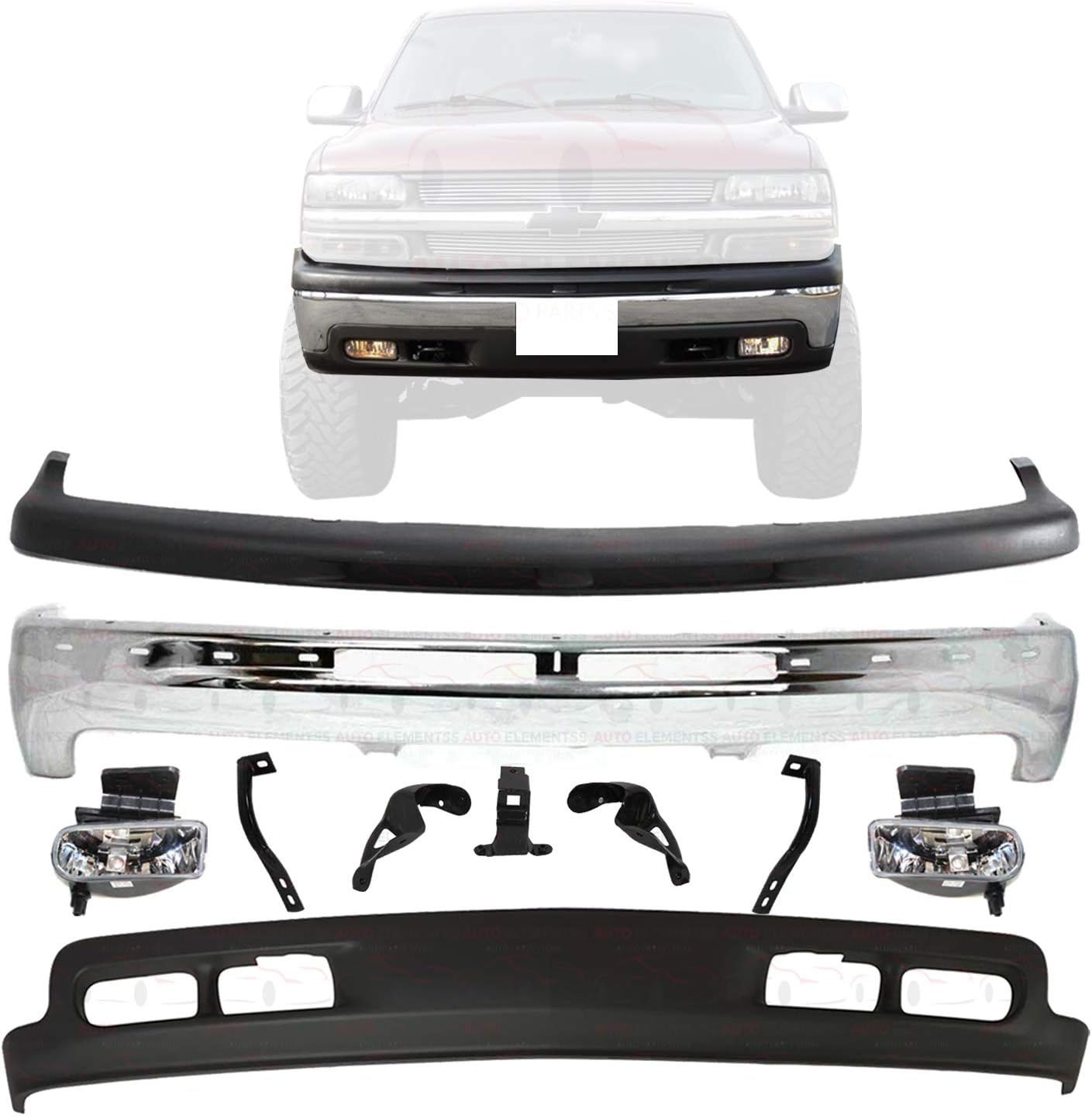 New Front Chrome Steel Bumper w/Brackets Fog Lights + Upper
