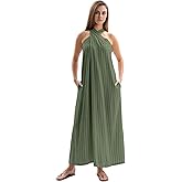 Amazhiyu Women's Linen Striped Halter Sleeveless Maxi Dresses Summer with Pockets Green, Medium
