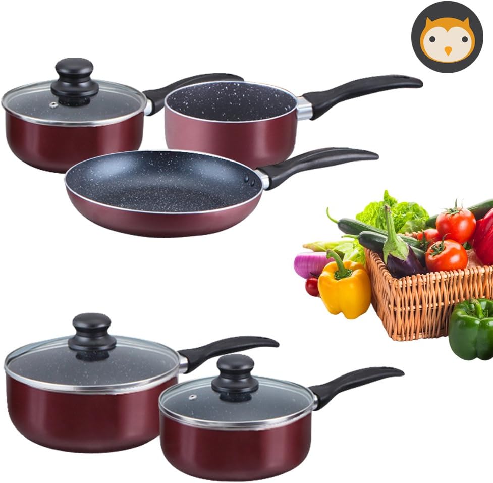TANEL Stone-Coated Non-Stick 8-pcs Premium Cookware Set, Burgundy
