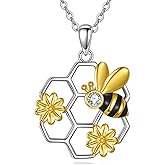 SHEAISRS Bee Necklace 925 Sterling Silver Honeycomb Flower Cute Pendant Necklaces for Women Gifts for Her Women