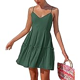 FANCYINN Women's Summer V Neck Casual Swing Short Dress Spaghetti Strap Tiered Backless Dresses with Pockets