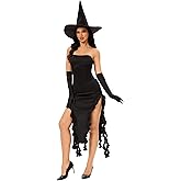 MISS FANTASY Witch Costume Women - Halloween Costumes Women Black Witch Dress Outfit with Witch Hat Gloves