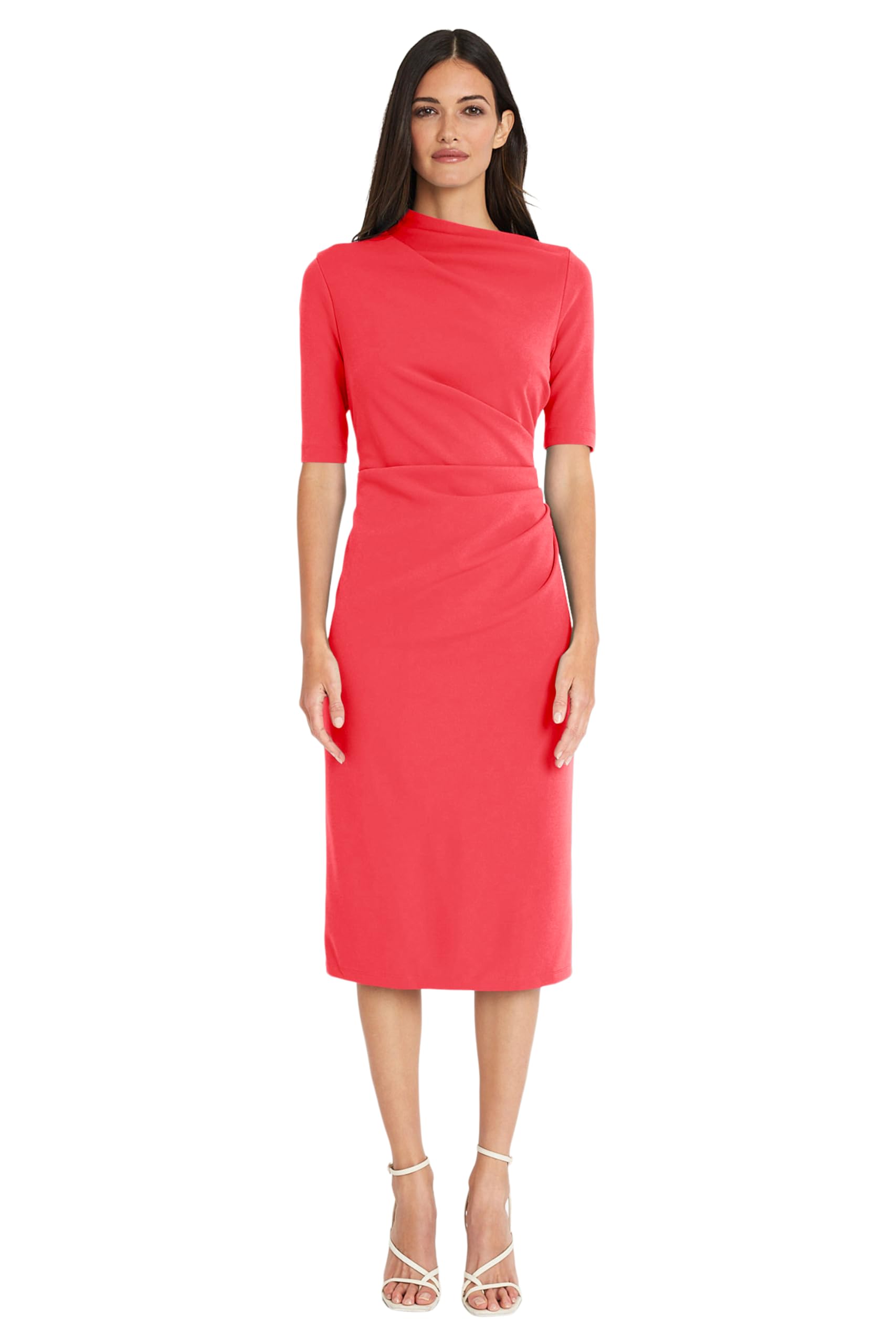 Maggy London Women’s Dresses Side Pleat Dress with Asymmetric Neck and Elbow Sleeves, Paradise Pink, 0
