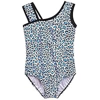 BELLE-LILI Girls Sleeveless Asymmetrical Neck Tank Leopard Gymnastics Leotard (14/6-7 Years, Blue Leopard)