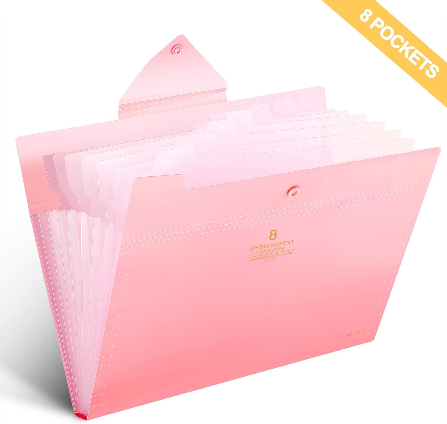 Skydue File Folders 8 Pockets Expanding File Folder Organizer with Tabs A4 Letter Size Accordion Document Paper Folder Organizer for School Office(Pink)