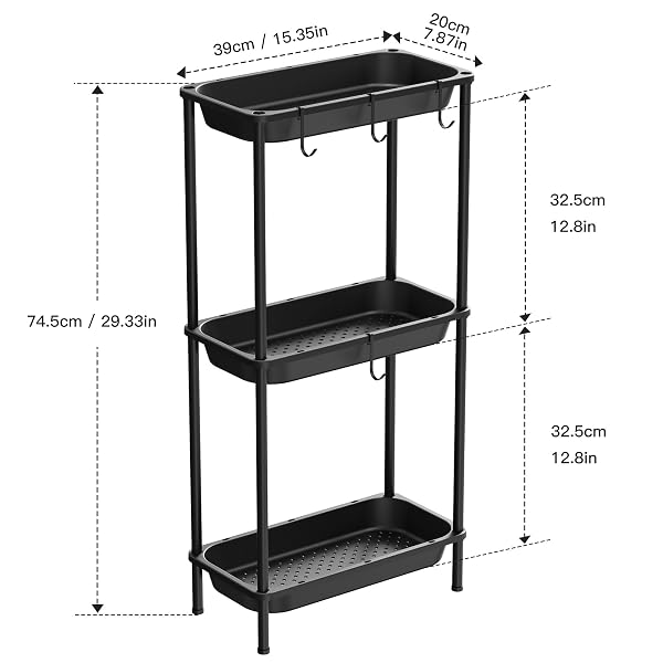 ORIMADE RUSTPROOF 3 TIER FLOOR STANDING SHOWER CADDY ORGANIZER, PLASTIC METAL SPLICING FLOOR SHELF RACK STANDS FOR BATHROOM KITCHEN,15.35 X 29.33 X 7.87’’, BLACK