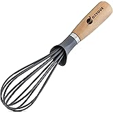 Modern Kitchen Whisk with Wooden Handle, Gray Silicone Wires, Professional Balloon Style for Mixing, Blending, Cooking, Utensil for Whisking Beating Frothing