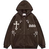 RYXSUN Gothic Hoodie Women Men Embroidery Zip Up Youth Hip Hop Cross Graphic Retro Fleece Sweatshirt Streetwear