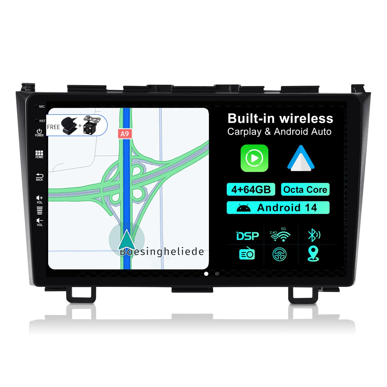 JOYX Android 13 Car Radio Suitable for Honda CRV (2007-2011) - [4G+64G] - Built-in DSP/Carplay/Android Car - LED Reversing Camera MIC Free - 9 Inch - With Steering Wheel Control 4G WiFi Bluetooth 5.0