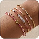 SHINUS BOHO 4PCS Cross Gold Beaded Bracelet Stack for Women,Bohemian Stretch Pearl Crystal Glass Beads Stackable Bracelets Fashion Jewelry Gift