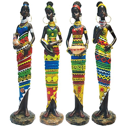 African Statue Figurine Sculptures -10" Inches Tall - 4 Piece Set - African Women Figure Decor Art Statue Sculptures - Body Decorative Black Figurines