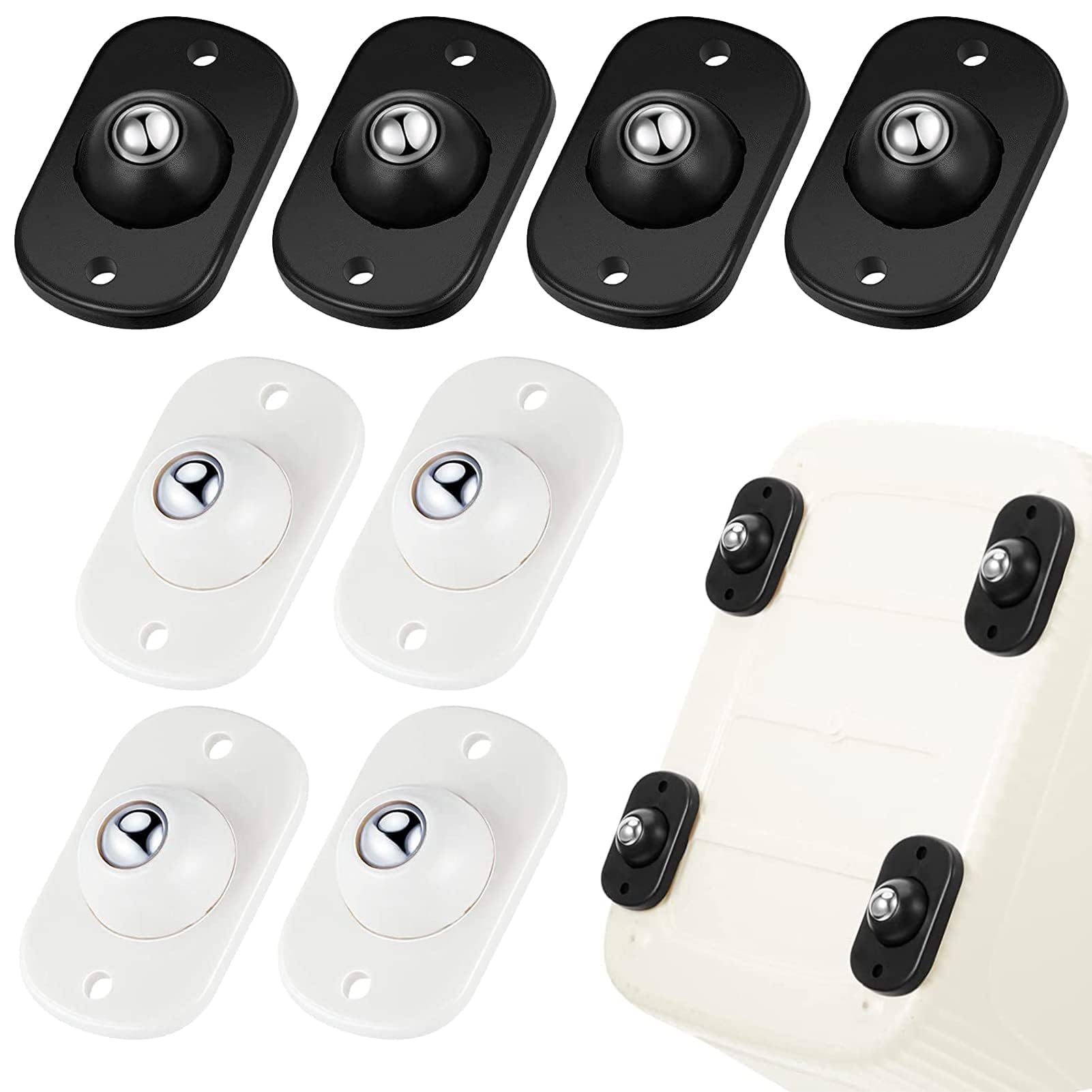 Photo 1 of Self Adhesive Caster Wheels, Appliance Rollers for Kitchen Appliances, 360° Swivel Mini Universal Wheel Roller Casters, Sticky Pulley for Trash Can, Storage Box, Small Furniture (Black,White - 8 Pcs)