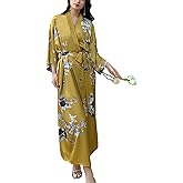 Daiwor Kout Silk Satin Robe for Women Long Japanese Kimono Robe Lightweight Soft Bathrobe Floral Luxury Dressing Gown