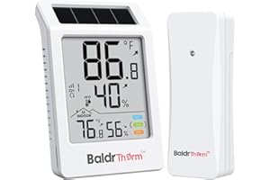 BaldrTherm Digital Hygrometer Indoor Outdoor Thermometer,Wireless Temperature Humidity Monitor with 330ft/100m Range, Multi-Zone Detection, Dual Power Supply & Trend Visualization, 1 Pack