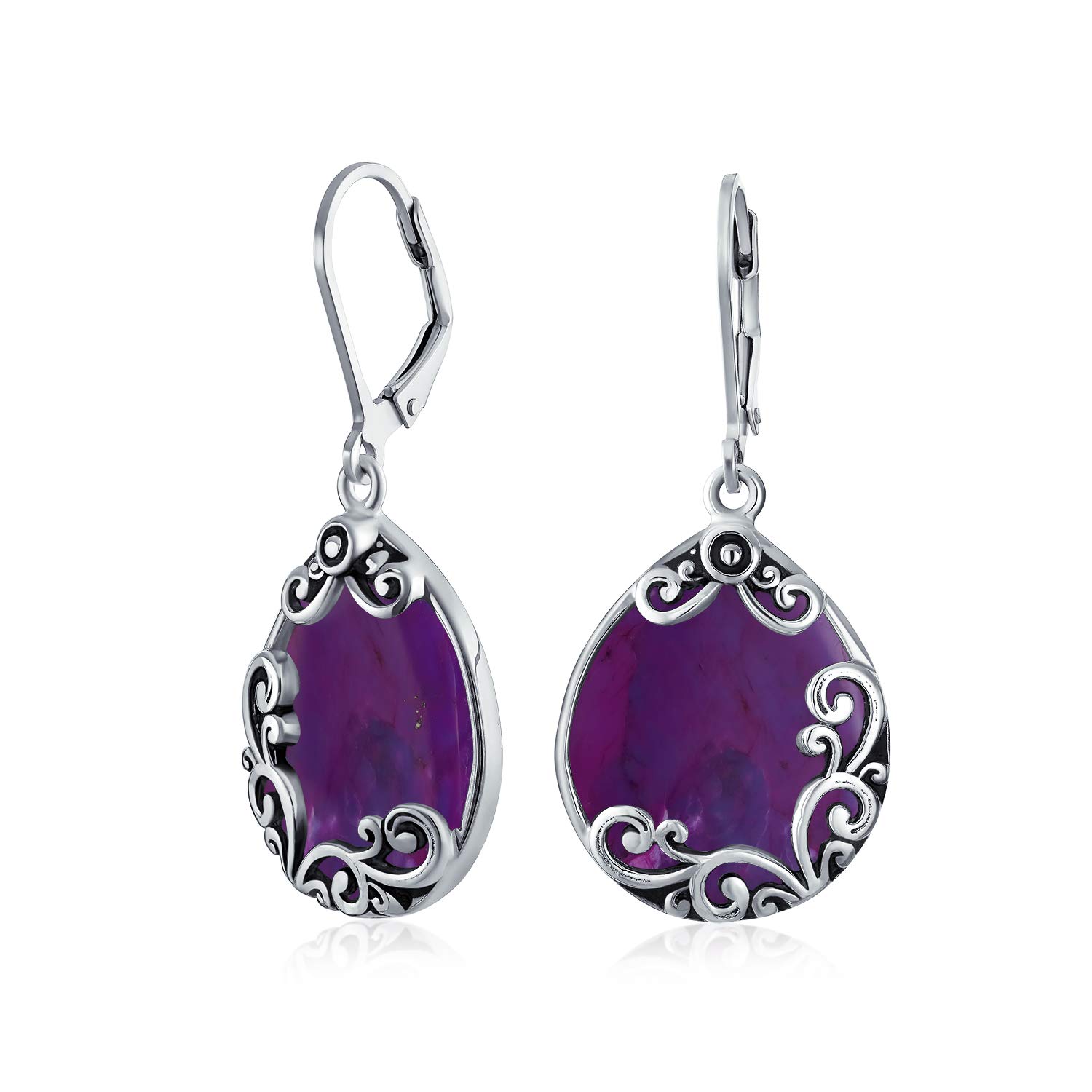 Western Style Teardrop Scroll Filigree Scroll Stabilized Purple Turquoise Lever Back Dangle Earrings For Women .925 Sterling Silver