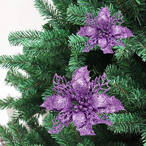 MeiBoAll Hollow Glitter Christmas Flowers, 6pcs Xmas Tree Flower Decorations, Christmas Wreath Making Supplies DIY Craft Artificial Flowers Poinsettia, Red