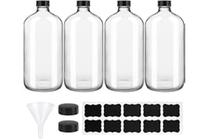 HWASHIN 4 Pack 32 oz Clear Boston Round Glass Bottles with Black Caps for Secondary Kombucha Fermentation and Lab Chemicals (1 Funnel and 10 Pieces Black Chalkboard Labels Included)