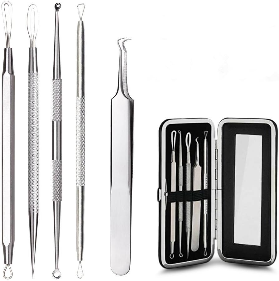 Blackhead Remover Tools Comedone Pimple Extractor Kit,Removal Treatment for Whitehead Acne Pimple Blemish Zit by HiCooker - Leather Case with Built-in Mirror,5 tools in 1
