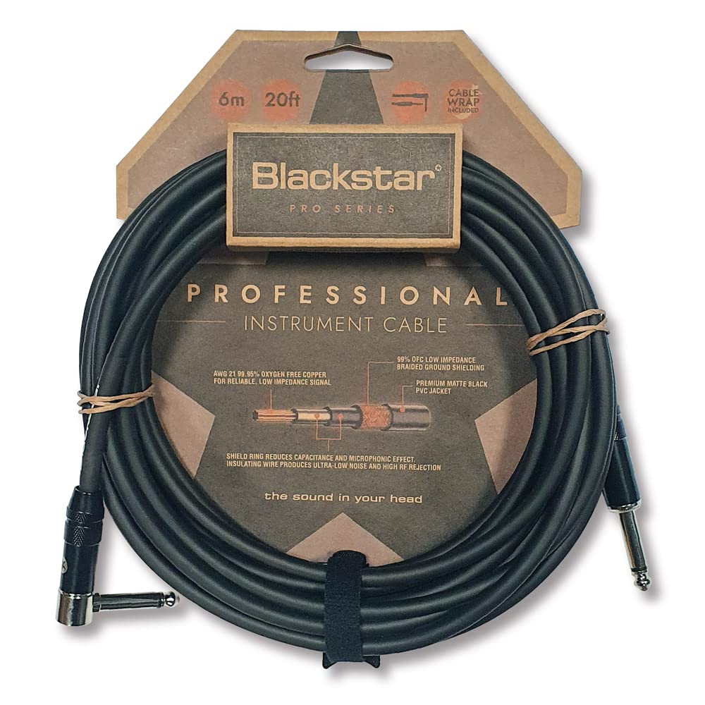 Blackstar 6m (20ft) Pro Series Instrument Cable Straight ¼” Jack to Angle ¼” Jack for Bass/Electric Guitar/Electro-Acoustic/Keyboard/Amp