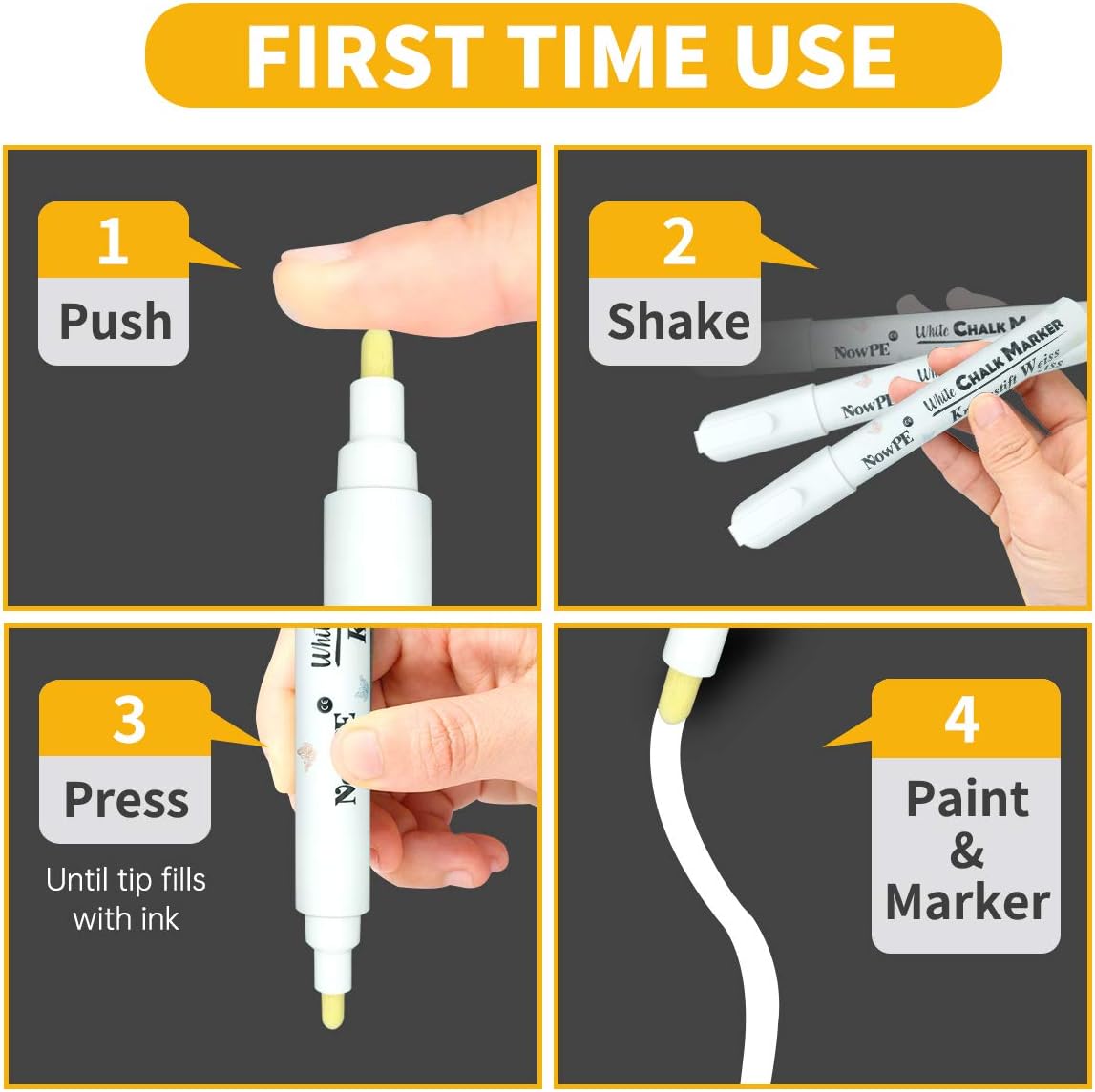NowPE White Chalk Marker Pen, 2pcs 6mm Chalk Pens + 2pcs 10mm Chalk Markers, Dry or Wet Wipe Erase - Image 5