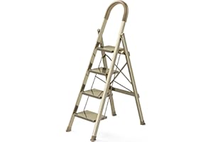 PLEDDANIO 4 Step Ladder Folding Step Stool W/Handgrip Wide Anti-Slip Pedal Aluminum Portable Lightweight Sturdy Step Ladder Compatible Kitchen& Household 330lbs Capacity Khaki Gold Ladder