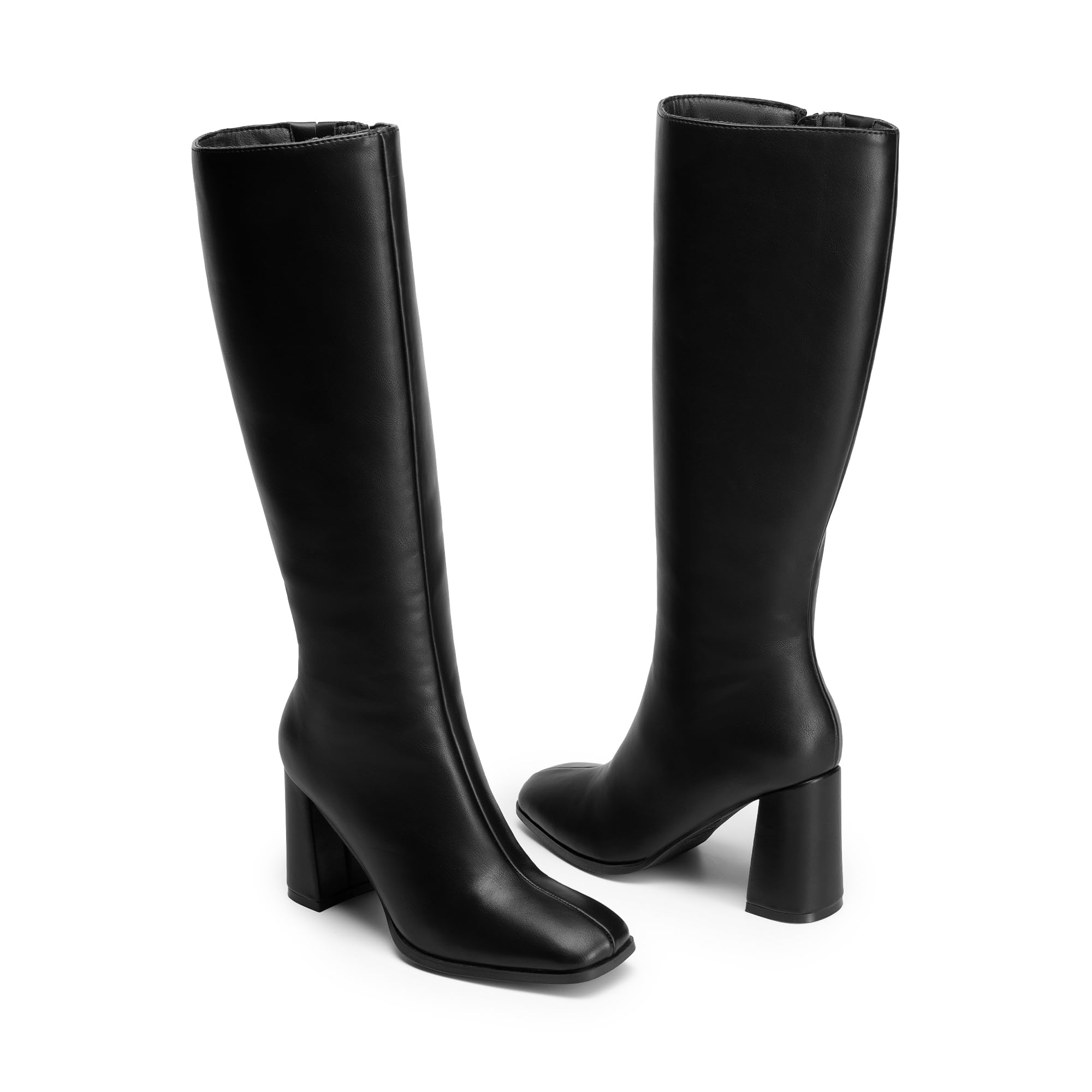 DREAM PAIRS Knee High Boots for Women Square Toe Gogo Chunky Heel with Side Zip