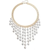 Elegant Pearl Tassel Cascade Choker Necklace for Women Dainty Pearl String Beads Cluster Necklace Jewelry Chunky Gold Chain Layered Choker Trendy Statement Necklaces