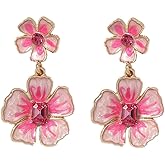 DIAMANTIO 18K Gold Plated, Pink Enamel Flower Drop Earrings for Women – Statement Floral Dangle Earrings with Crystal Center, Cute Spring & Summer Jewelry