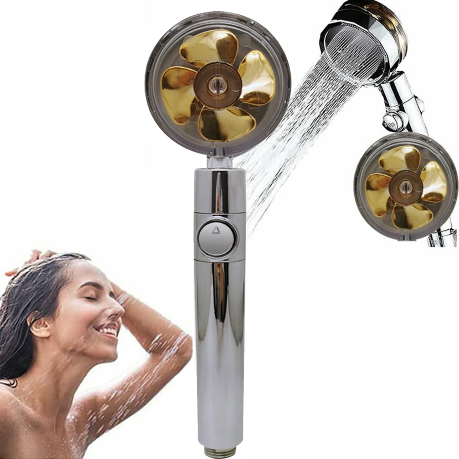 Shower Head Universal Shower Head High Pressure Shower Heads Propeller Driven Shower Head Turbocharged 360-degree Rotating Shower Head(Gold)