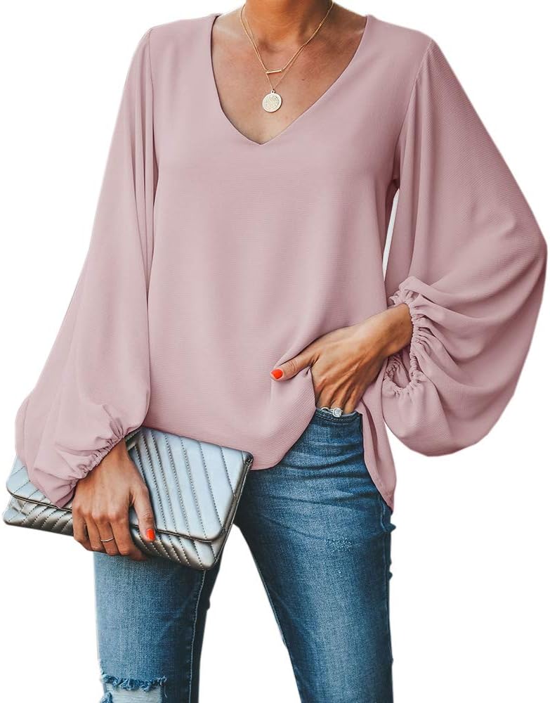 Womens V Neck Chiffon Blouses Tops Oversized Long Lantern Sleeve Pullover Shirts