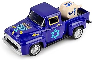 Hooqict Hanukkah Mini Metal Truck with Wood Dreidel Vintage Chanukah Decor Diecast Truck Model for Hanukkah Tiered Tray Decor Jewish for Kids