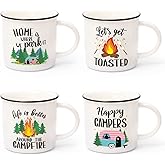 Nefelibata Camping Coffee Mug Set of 4 Happy Campers Campfire Tea Cups for Coffee, Tea, Milk Travel Ceramic Mug Camping Lover Holiday Gifts