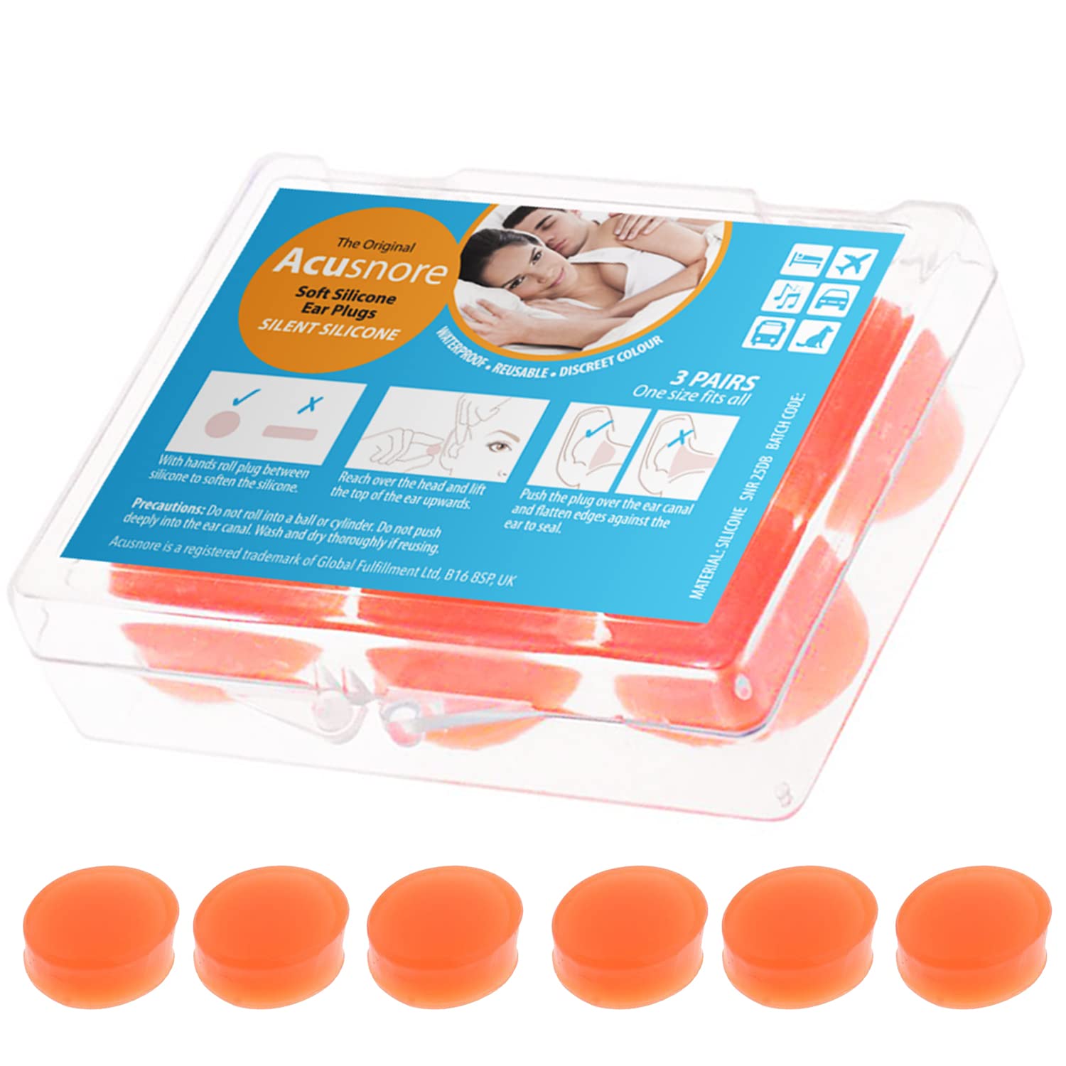 Acusnore Ultra Soft Bed Time Silicone Ear Plugs, 3-Pair6 Units
