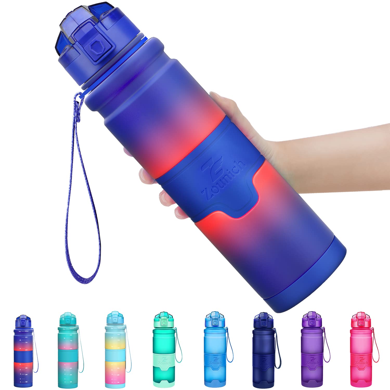 Zounich Best Sports Water Bottle Leak Proof 1L/700ml/500ml/400ml BPA Free Tritan Drink Bottles|Kids,Adults,Gym,School,Sport,Cycling| with Times to Drink & Fruit Infuser Filter & Lock Cover| Reusable