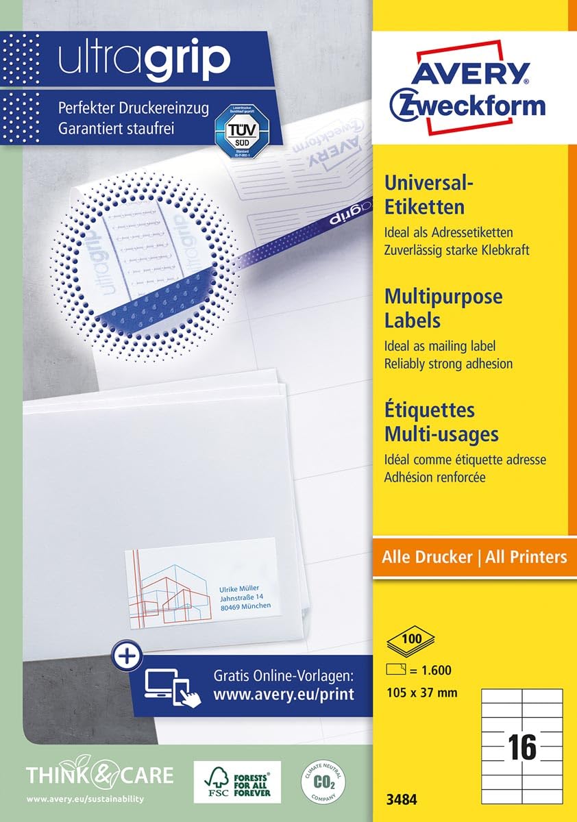 Avery Zweckform 3484, Universal Labels, (A4, Matt Paper, 1,600 Labels, 105 x 37 mm, 100 Sheets, White — image 1