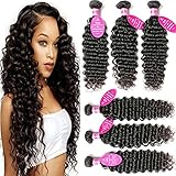 Younsolo Deep Wave 3 Bundles with Closure 8A Grade 100% Unprocessed Virgin Remy Brazilian Human Hair Extension Deep Wave Bundles Natural Color Can Be Dyed and Bleached