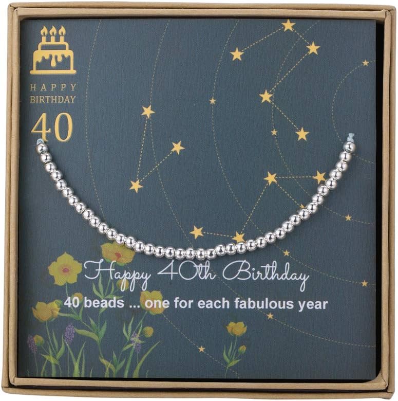AnotherKiss 40th Birthday Gifts for Women - Sterling Silver Bead Bracelet for 40th Birthday Gift, Adjustable Jewelry 7" - 9" Cord