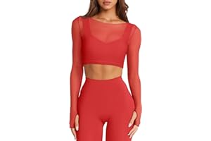 LASLULU Mesh Long Sleeve Crop Tops for Women Double Lined Workout Athletic Gym Shirts Cropped Tops with Built in Bra
