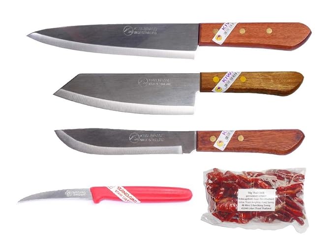 3 x Kiwi Thai Chef Kochmesser Küchenmesser Fleischmesser #288#171#246 + Garniermesser und Entkernungsmesser und 30g thai Chil