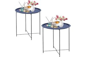 Garden 4 you End Table Set of 2, Outdoor Side Table, Small Patio Table Metal Side Table, Round Folding Side Table, for Outdoor and Living Room,Dark Blue