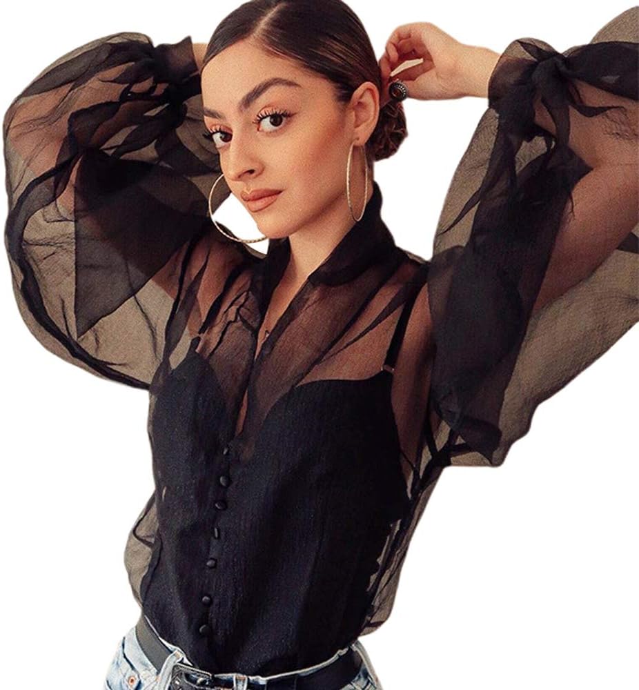 jumpjisper Women‘s Button Down Sheer See-Through Long Puff Sleeve TopsChiffon Casual Blouse Club T Shirts
