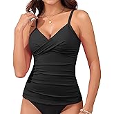 Yonique Women's Tankini Top Swimwear Twist V Neck Swimsuits Tummy Control Bathing Suits Top Only
