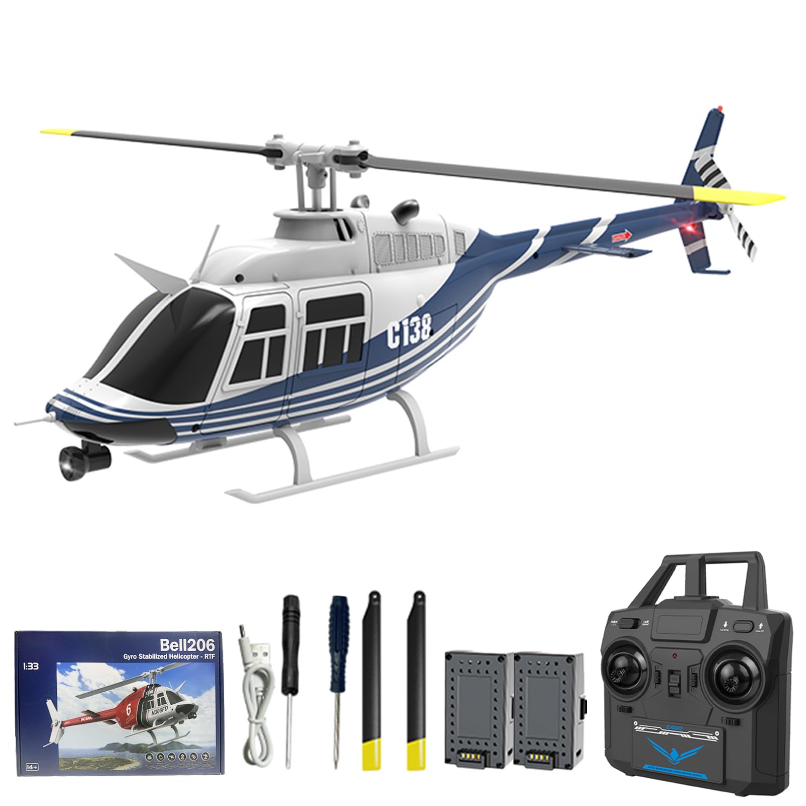 Hylukon C138 Remote Control Helicopter, 1:33 Scale Bell206 Helicopter 2.4G 4CH RTF Single Propeller Aileron Free, Optical Flow Positioning, Six-axis Gyroscope Stabilization Gift for Adults (2 Battery)