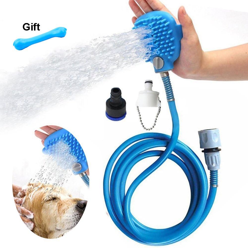 OfsPower Dog Shower Sprayer with Brush, Pet Bathing Tool Cleaning Gloves Washer Dogs Hair Remover Grooming with 7.5 Foot Hose and 2 Hose Adapters, Indoor/Outdoor Use Bath