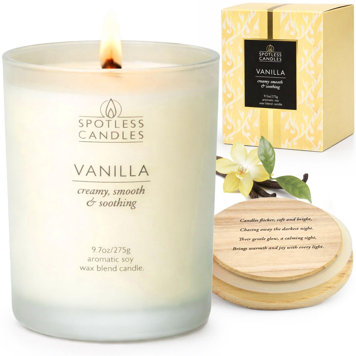 Vanilla Scented Candle 275g: 55 Hrs Burn Time - Vanilla Scented Candles in Frosted Glass Jar with Wooden Crackling Wick in a Luxurious Gold Foil Lined Gift Box by Spotless Leopard